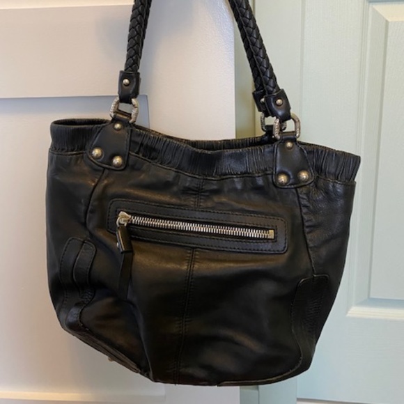 Stuart Weitzman black genuine leather shoulder bag satchel braided straps - Picture 12 of 16